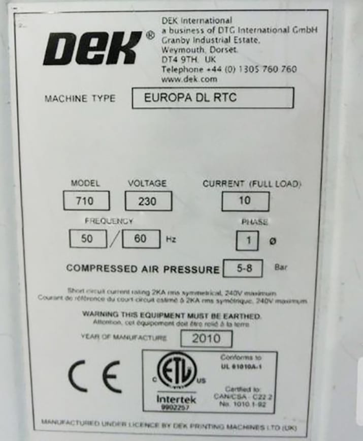 Dek Europa DL RTC Screen Printer