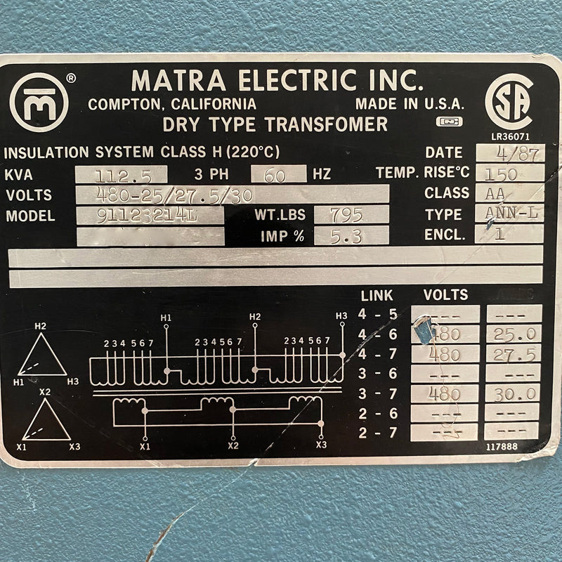 Matra Electric 91123214 L Dry Type Transformer