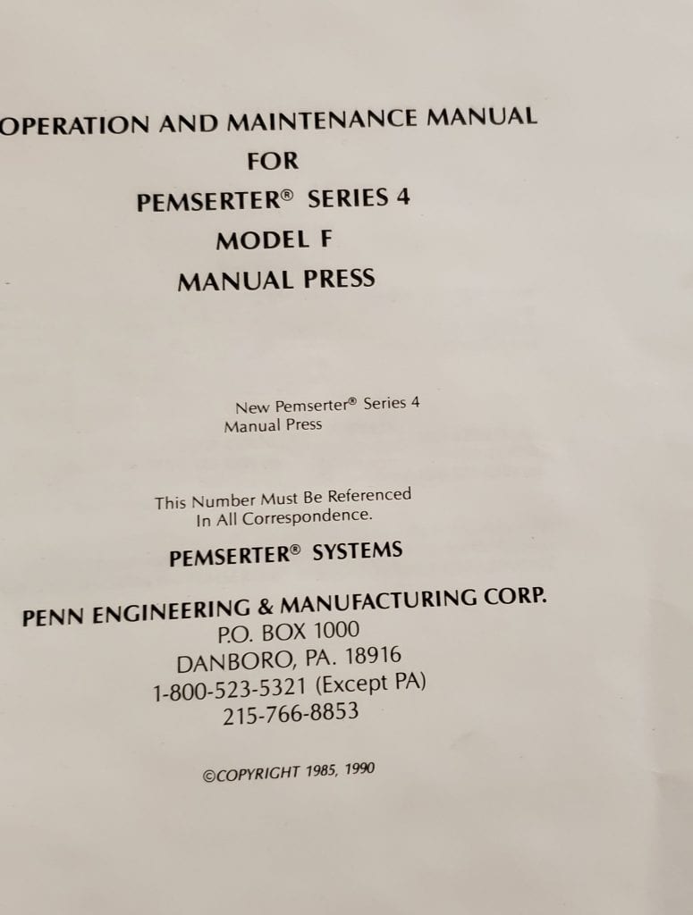 Penn Engineering-Pemserter Series 4-Manual Press-49986 Refurbished